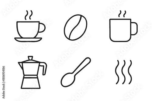 Minimalist coffee icons: cup, bean, mug, kettle, spoon, steam