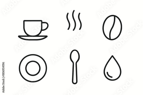 Minimalist coffee icons: cup, steam, bean, plate, spoon, droplet