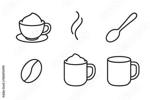 Outline of coffee mugs, cup, coffee bean, spoon, and steam