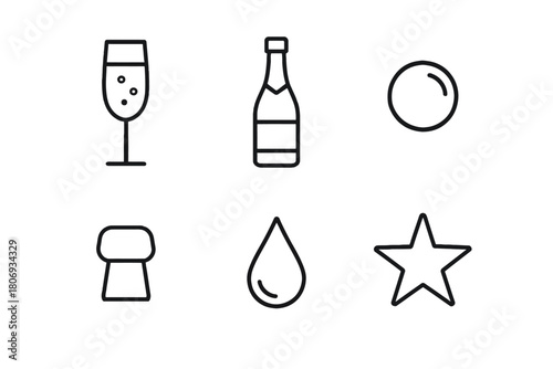 Minimalist wine and celebration icons with glass, bottle, bubble, and star