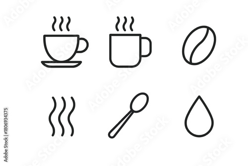 Minimalist coffee icon set featuring cup, mug, bean, steam, spoon, and drop