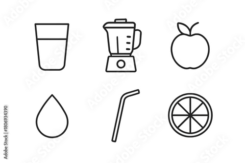 Kitchen icons: glass, blender, apple, water drop, straw, citrus slice