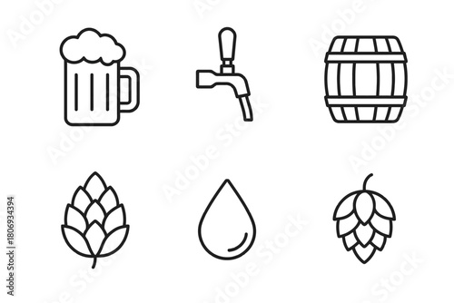 Beer brewing icons: mug, tap, barrel, hops, water symbols