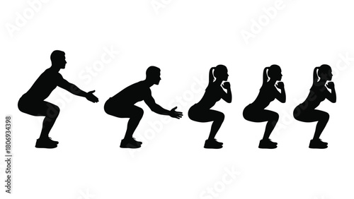Squat exercise silhouettes isolated on white background, Vector