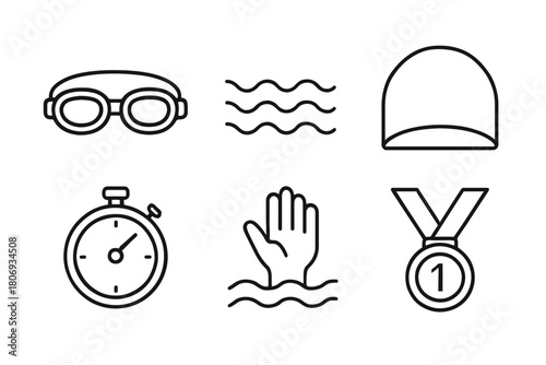 Swimming essentials: goggles, cap, stopwatch, medal, hand, waves icons