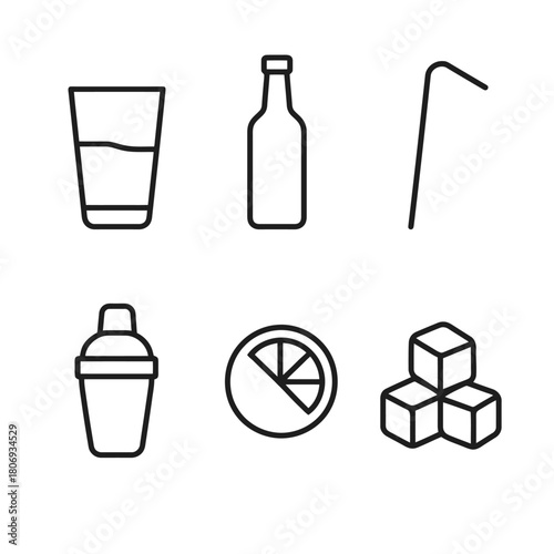 Cocktail icons: glass, bottle, straw, shaker, citrus slice, ice cubes in black outline