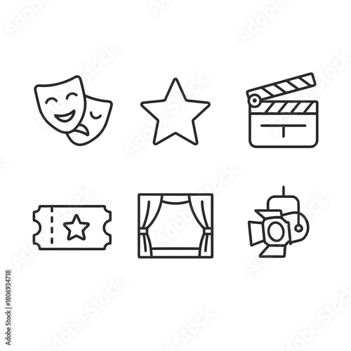 Theater and film icon set: masks, star, clapperboard, ticket, stage, spotlight