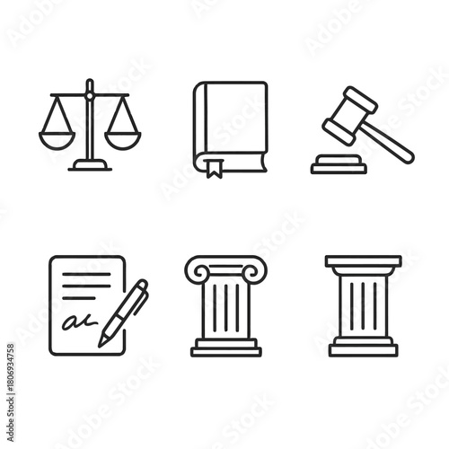 Legal icons: scales, book, gavel, document, and columns