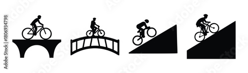 Cyclist riding on bridge, uphill, downhill, varied paths set