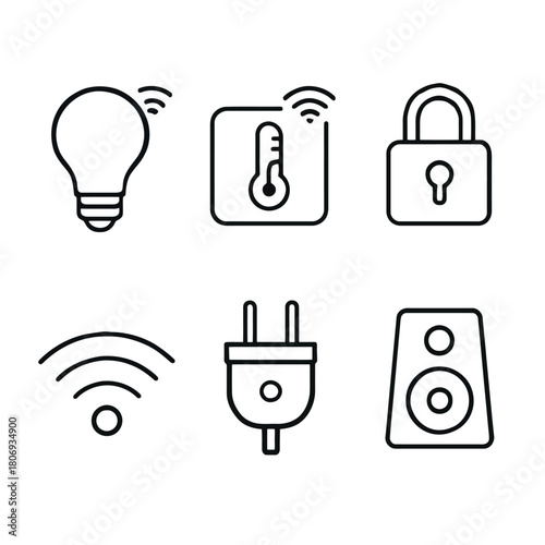 Smart home icons: light bulb, thermostat, lock, wi-fi, plug, speaker symbols