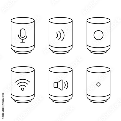 Simple smart speaker icon set: microphone, sound, music, wi-fi, audio, power buttons