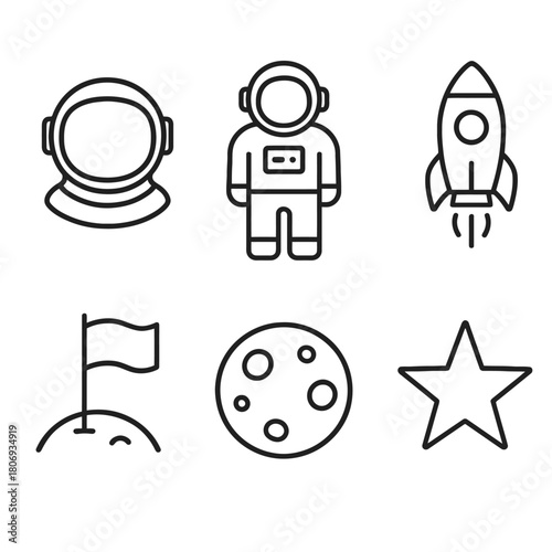Space icons: astronaut, rocket, moon, flag, star - simplified line art