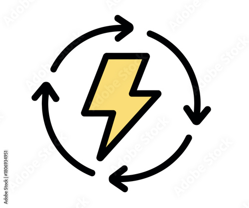 A yellow lightning bolt symbol enclosed by a circular arrow indicating a continuous cycle of energy.