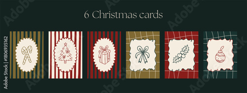 Set of 6 minimalist Christmas cards with hand-drawn festive icons, striped and grid backgrounds, and vintage cream frames in warm holiday colors