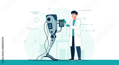 Innovative bionic limb research and development with scientist working on robotic leg prototype