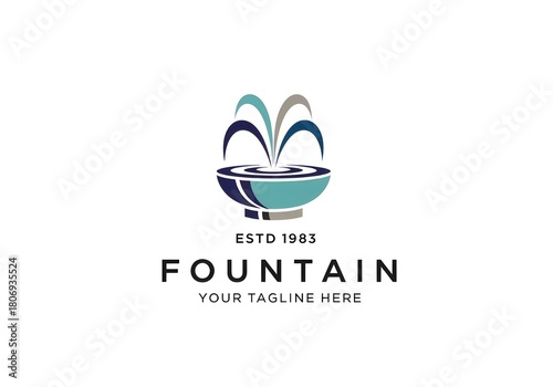 Stylized Fountain Logo with Flowing Blue Streams and Classic Branding