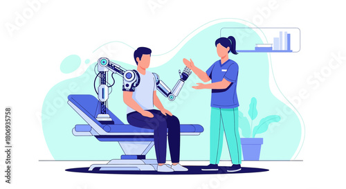 Innovative healthcare illustration of a patient using a robotic arm in therapy session