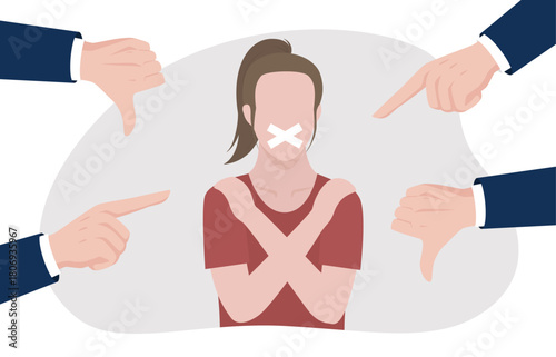 Silencing and criticism, potentially representing censorship, bullying, or social injustice. PUA