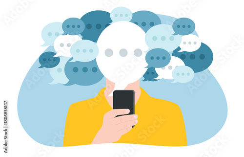 A person who is surrounded by many other speech bubbles, and holding a smartphone. It symbolizes the overwhelming nature of online communication and the loss of personal identity in the digital world.