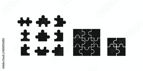 Jigsaw puzzle pieces vector icon set. Black silhouette of separate and assembled parts on white background. Problem solving, team work, business concept
