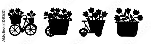 Flower pots on bikes and wheeled carts in silhouette design