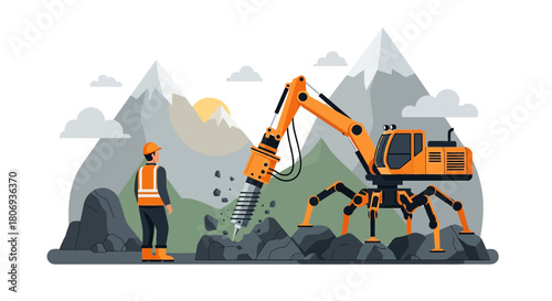 Innovative robotic jackhammer with spider-like legs drilling rocks under supervision amid mountain