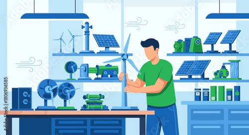 Innovator assembling eco-friendly technology in workshop surrounded by renewable energy devices