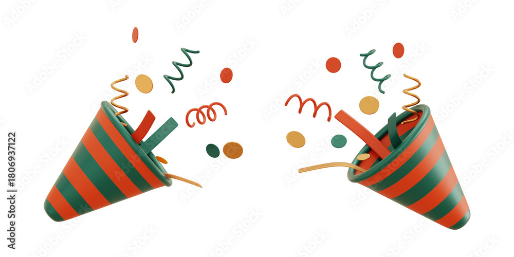 Obraz premium 3D rendering of festive party poppers exploding with colorful confetti and ribbons for a celebration banner