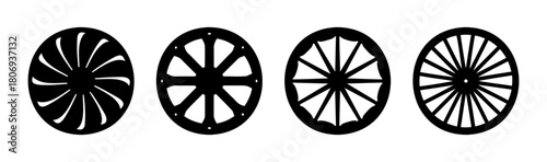 Four distinct black circular wheel and fan blade patterns