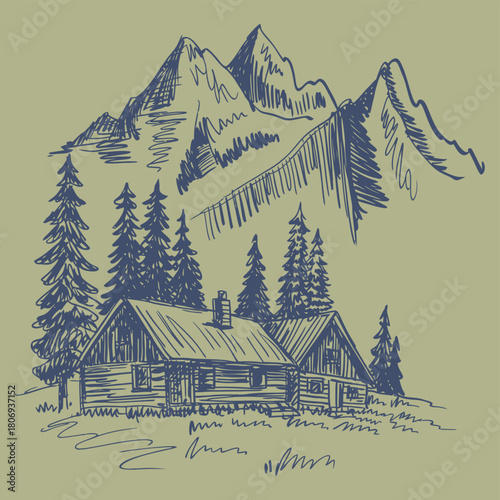 Mountain cabin hand drawing, pine trees forest and mountain peaks in the background, vector illustration, rustic nature landscape, cozy cabin scene, outdoor scenery, forestry and alpine environment