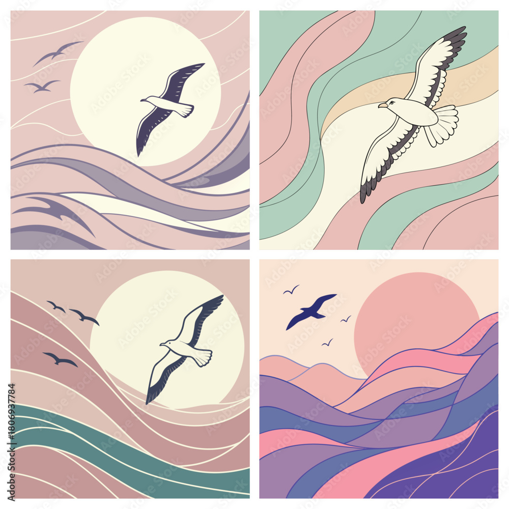 Obraz premium Four abstract artistic illustrations of seagulls flying over stylized ocean waves at sunset