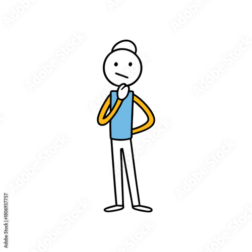 A thoughtful stick figure with hand on chin isolated on, contemplating a decision or pondering a complex problem