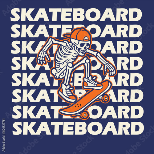 vintage t shirt design the skull prepares to make the jump skateboard illustration
