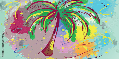 Vibrant abstract painting of a colorful palm tree with swirling brushstrokes and a tropical feel