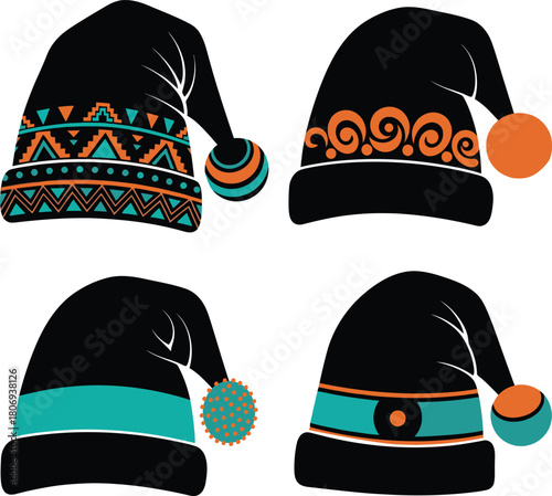 Black beanie hats with decorative patterns and pom-poms featuring modern ethnic and tribal designs in orange and turquoise colors.