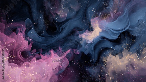Mesmerizing Swirls of Blue, Pink, and Gold Ink Creating an Abstract Dreamscape.
