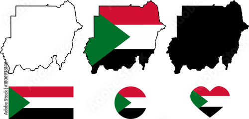 Vector illustration set of Sudan map outline, silhouette, and flag-filled shapes, plus Sudan rectangular flag, circle icon, and heart icon. Official standard colors. 