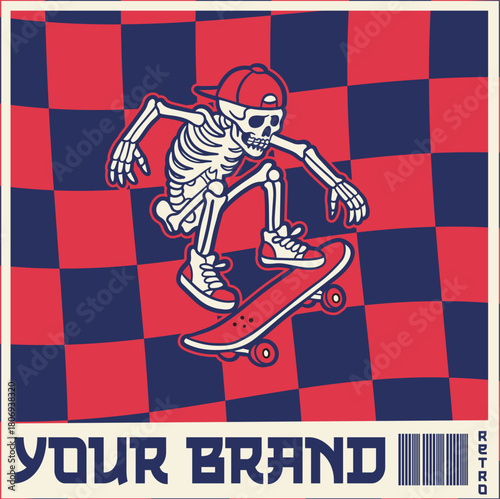 vintage t shirt design the skull prepares to make the jump skateboard illustration
