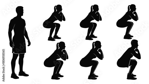 Squat exercise silhouettes isolated on white background, Vector