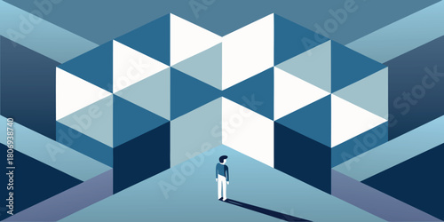 Lone figure stands at a crossroads of geometric paths facing a large abstract structure