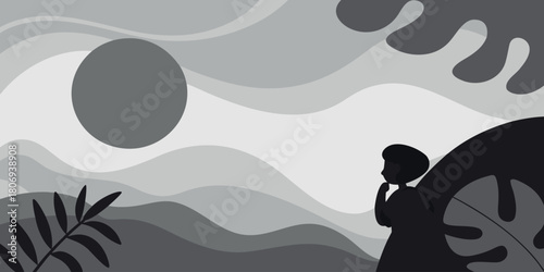 Silhouette of a person contemplating nature with abstract wavy landscape and large oval sun