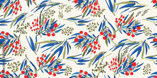 Vibrant watercolor pattern of blue leaves and red berries with subtle bird motifs