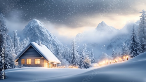 Panoramic view of a small old cottage in mountains in winter. Christmas card and poster concept.