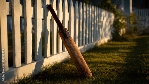 Ultra-realistic cricket bat with worn leather grip resting against white picket fence, golden hour sunlight casting long shadows on freshly mowed grass