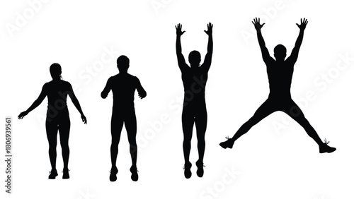 Jumping jack exercise sequence silhouette isolated on white background, Vector