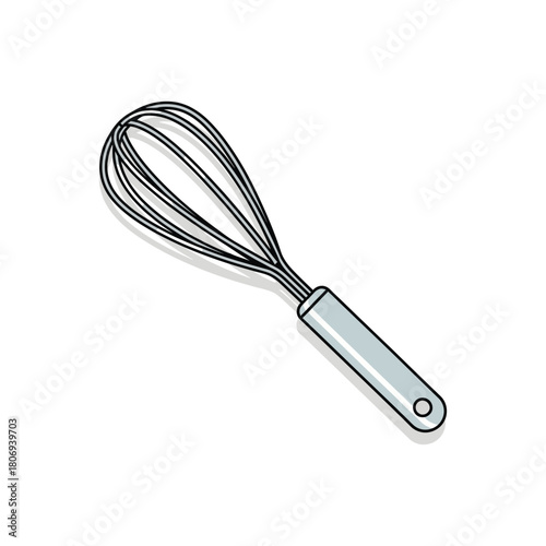 Simple Line Drawing of a Whisk with a Light Blue Handle on a White Background