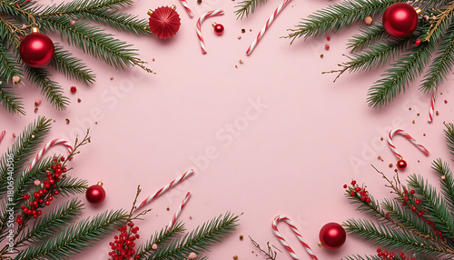 Festive Christmas Decorations with Pine Branches Red Ornaments Candy Canes on Pink Background