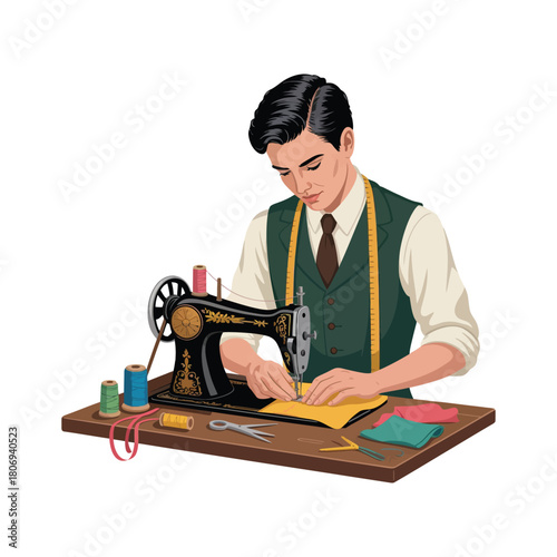 Tailor with sewing machine transparent background