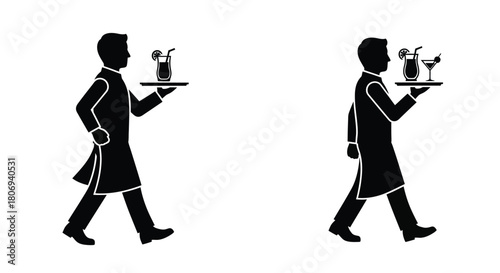 Two waiters in black coats carrying trays with drinks in silhouette