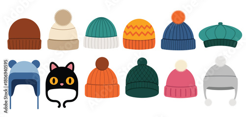 Winter clothing set with wool caps, knitted beanies, and earflap hats, isolated flat illustrations suitable for fashion accessories, cold weather apparel, and design projects.